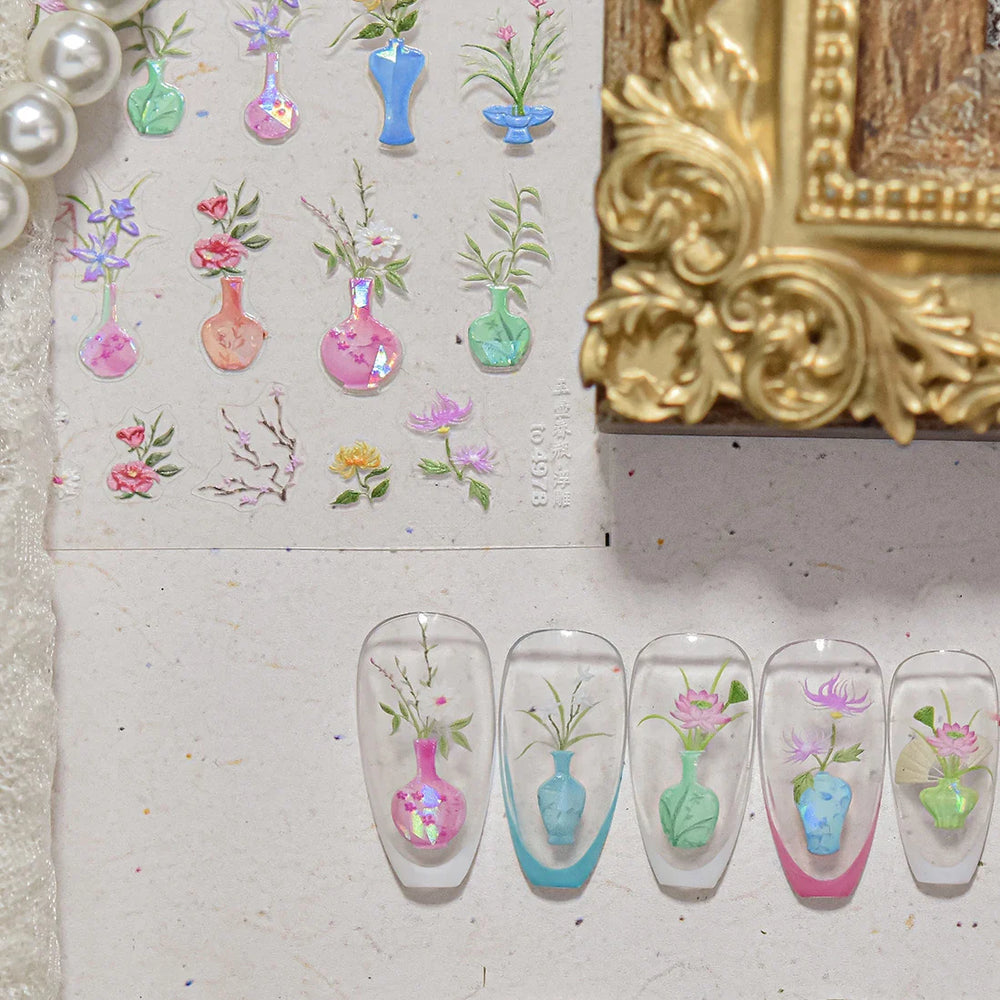 Orchid Daisy Chrysanthemum Peach Blossom Lotus Flower Vase Floral Art Fan Wintersweet Adhesive Nail Art Stickers Manicure Decals (Online Order Only)