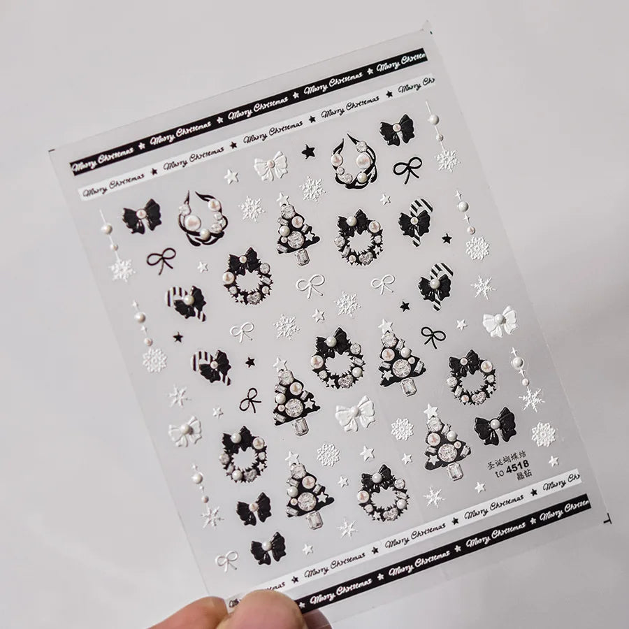 Black White Christmas Tree Snowflake Bowknot Snowman Socks Star Santa Hat Deer Rhinestone Winter Nail Art Sticker Manicure Decal (Online Order Only)