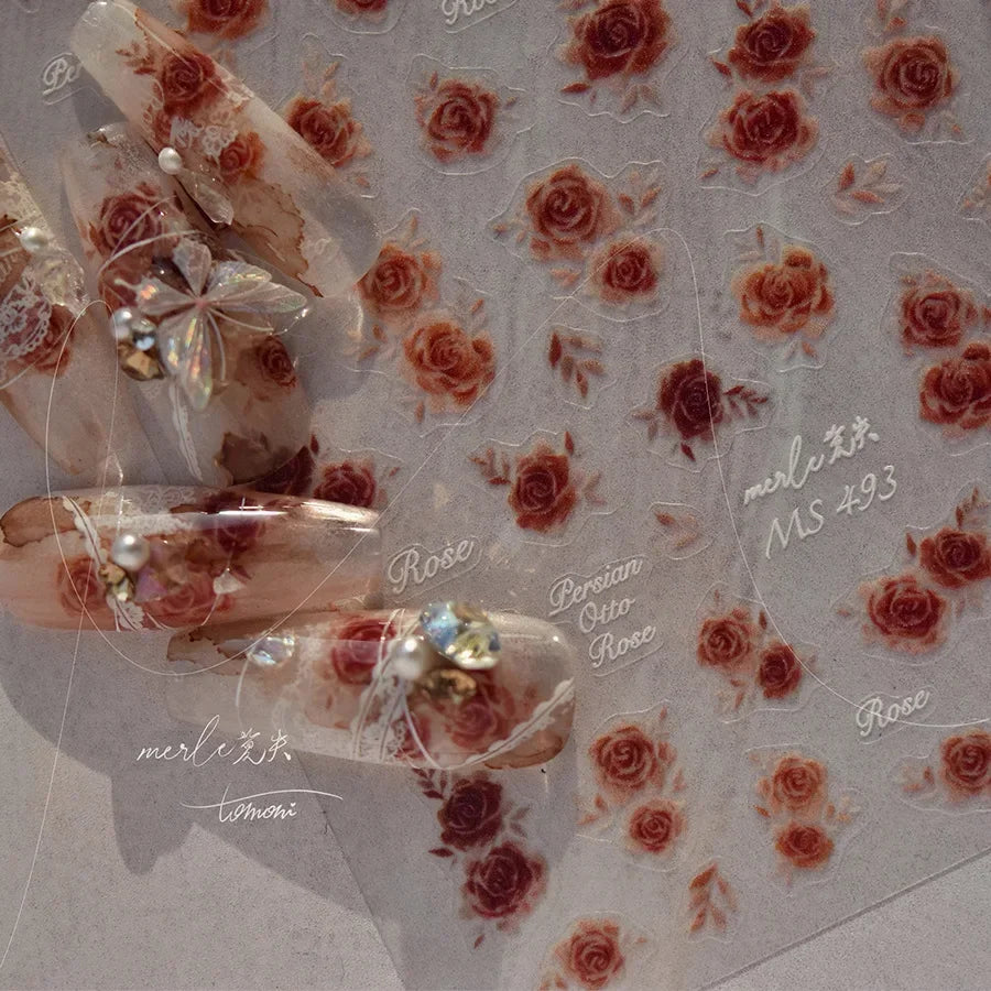 Gradient Halo Dyeing Dark Red Rose Flower Rhinestone Lace Bow Heart 3D Self Adhesive Nail Art Decoration Sticker Manicure Decals (ONLINE ORDER ONLY)