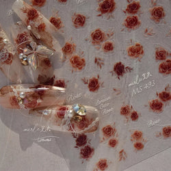 Gradient Halo Dyeing Dark Red Rose Flower Rhinestone Lace Bow Heart 3D Self Adhesive Nail Art Decoration Sticker Manicure Decals (ONLINE ORDER ONLY)