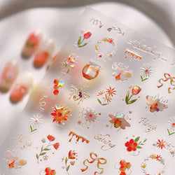 Vivid Honey Bee Ribbon Bowknot Pot Daisy Wreath Flower Shining Tulip Honeycomb Jar Self Adhesive Nail Art Sticker Manicure Decal (ONLINE ORDER ONLY)