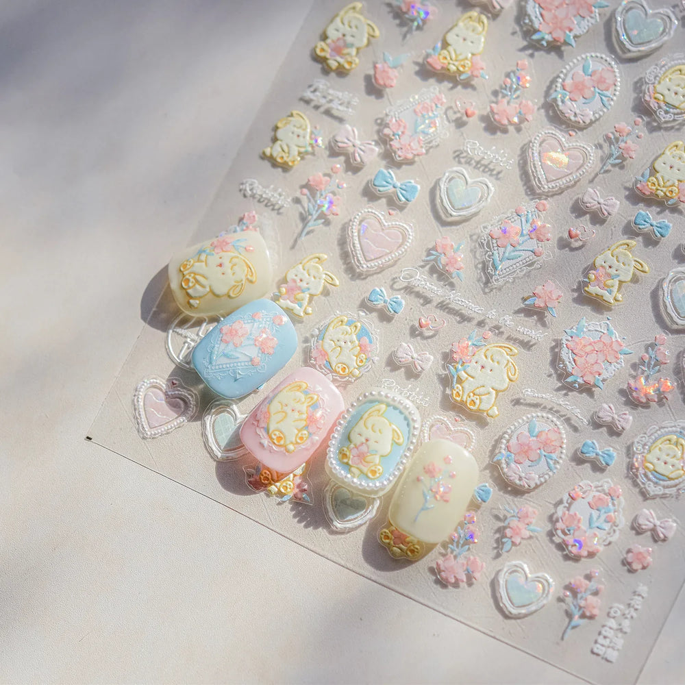 Peach Blossom Flower Yellow Rabbit Bunny Love Heart Delicate Totem 5D Self Adhesive Nail Art Stickers Rhinestone Manicure Decals (ONLINE ORDER ONLY)