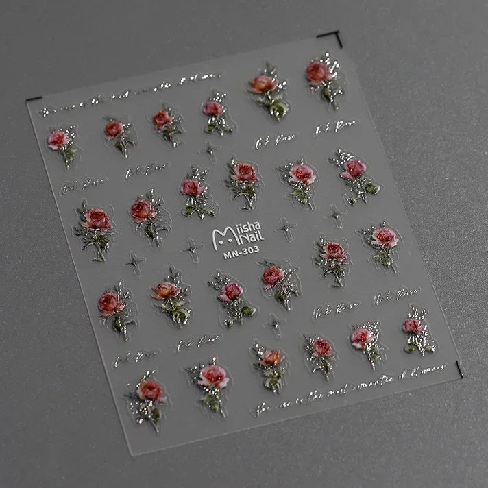 Red Azalea Rose Peony Crane Warbler Bird Fish Lily Chicken Rabbit Lobster Flower Retro Chinese Nail Art Sticker Decoration Decal (Online Order Only)