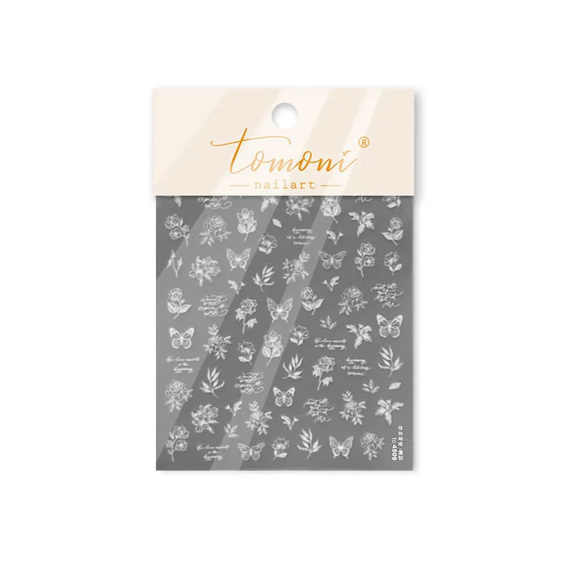 Flower Bowknot Butterfly Plant Leaf English Letter Rose Hand Drawn Embossed Relief Self Adhesive Nail Art Sticker Manicure Decal (ONLINE ORDER ONLY)