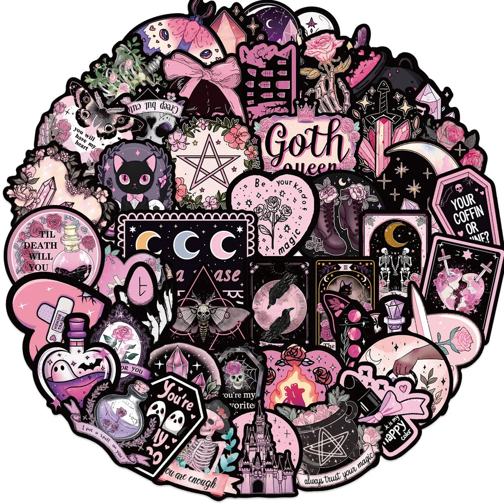 Black Pink Gothic Witch Cartoon Stickers for Phone Laptop Luggage Skateboard Decals (ONLINE ORDER ONLY)