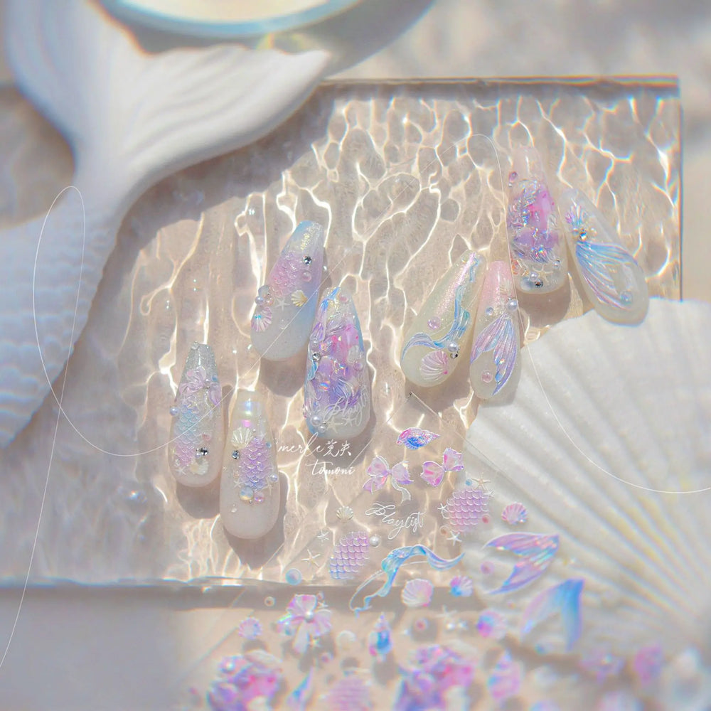 Mermaid Girl Conch Starfish Shell Bowknot Fish Scale Purple Ribbon Water Bubbles Chic Adhesive Nail Art Sticker Manicure Decals (ONLINE ORDER ONLY)