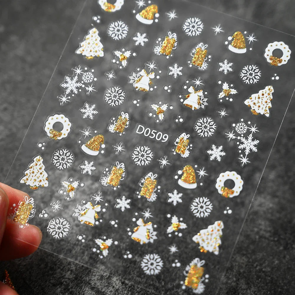 1pc Christmas Nail Sticker 3D Gold Glitter Snowflake Elk Penguin Bells Design Adhesive Nail Slider Decals Winter Manicure Decor* (Online Order Only)