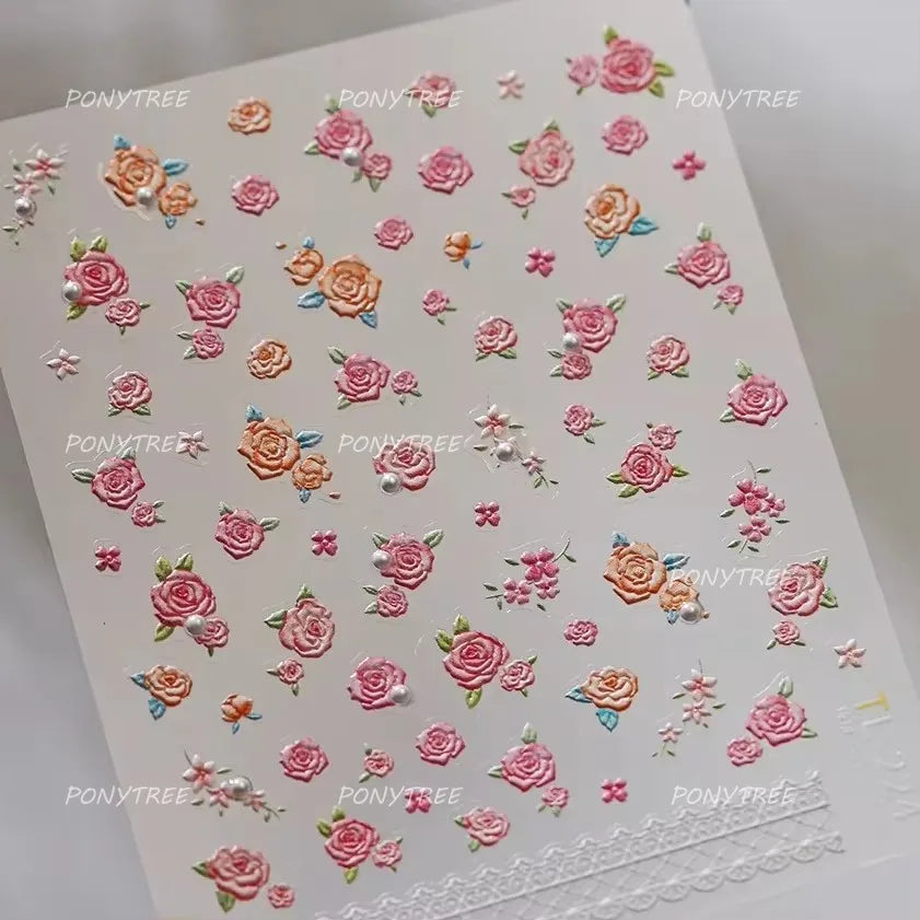 French Chic Mini Pink Rose Flower Bowknot Lace Ribbon Pearl White Little Flower Self Adhesive Nail Art Stickers Manicure Decals (ONLINE ORDER ONLY)
