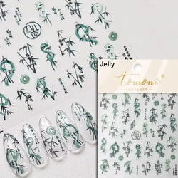 Gradient Coloredful Flower Petal Green Leaf Dreamy Shiny Chinese Rose Fantasy Relief Adhesive Nail Art Stickers Manicure Decals (Online Order Only)