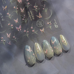 Vigorous Pink Orchid Cymbidium Antique Fragrant Thoroughwort Grass Butterfly Adhesive Nail Art Sticker Plant 3D Manicure Decals (ONLINE ORDER ONLY)