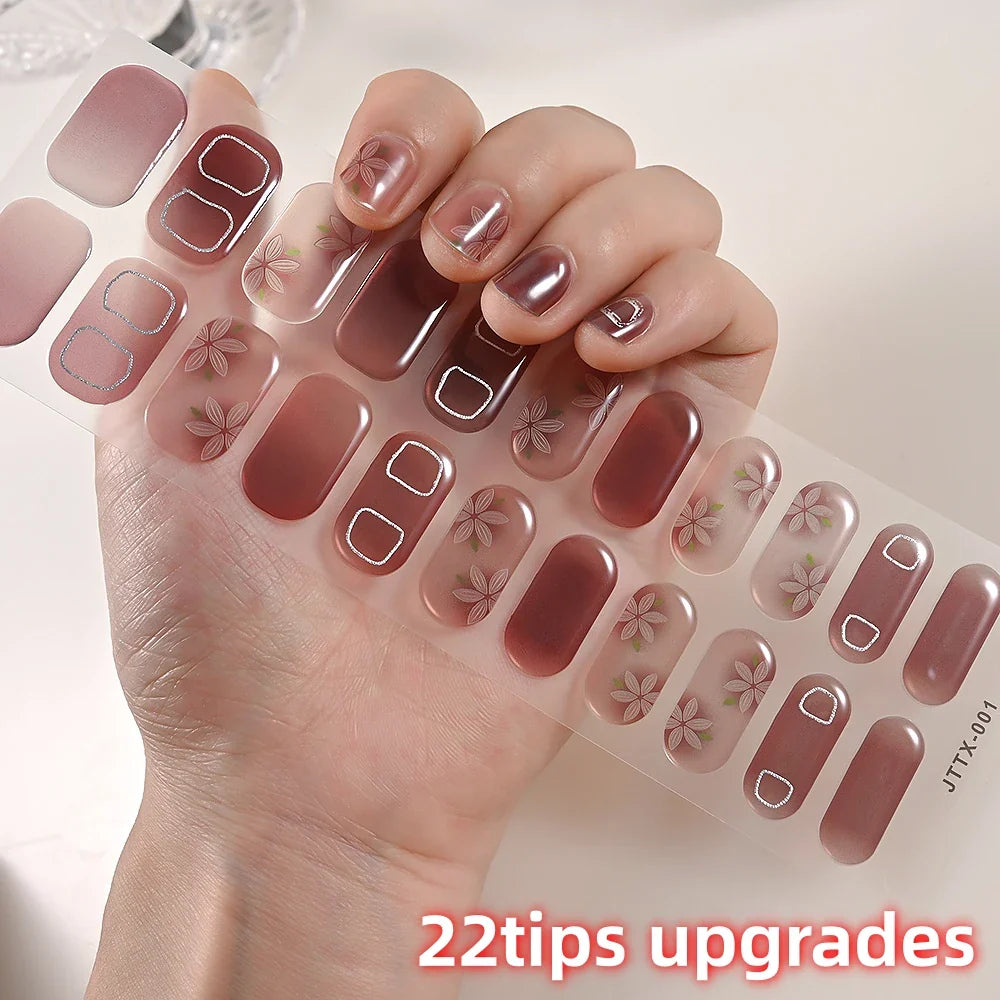 22Tips Semi Cured Gel Nail Wraps 3D UV Gel Nail Stickers Flowers Gradient Color Adhesive Full Cover Designer DIY Manicure Arts & (Online Order Only)
