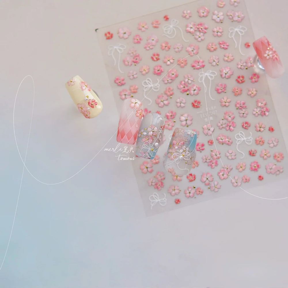 Peach Blossom Gradual Pink Petal Flower Line Bowknot Hot Stamping Halo Dyeing Delicate Adhesive Nail Art Sticker Manicure Decals (ONLINE ORDER ONLY)