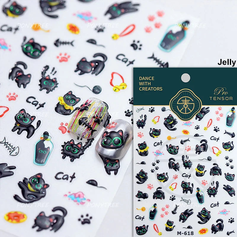 Black Cat Kitten Rabbit Cat's Paw Bowknot Tie Bunny Animals Love Heart Jelly Adhesive Nail Art Stickers Manicure Decal Wholesale (ONLINE ORDER ONLY)