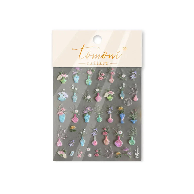 Orchid Daisy Chrysanthemum Peach Blossom Lotus Flower Vase Floral Art Fan Wintersweet Adhesive Nail Art Stickers Manicure Decals (Online Order Only)