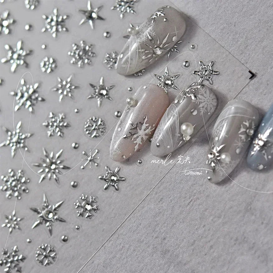Winter Christmas Crystal Delicate Hexagon Romantic Laser Silver Chic Snowflakes Self Adhesive Nail Art Sticker 5D Manicure Decal (ONLINE ORDER ONLY)