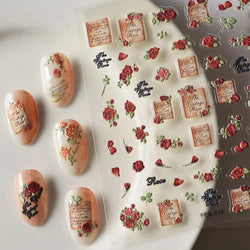 Gradient Halo Dyeing Dark Red Rose Flower Rhinestone Lace Bow Heart 3D Self Adhesive Nail Art Decoration Sticker Manicure Decals (ONLINE ORDER ONLY)