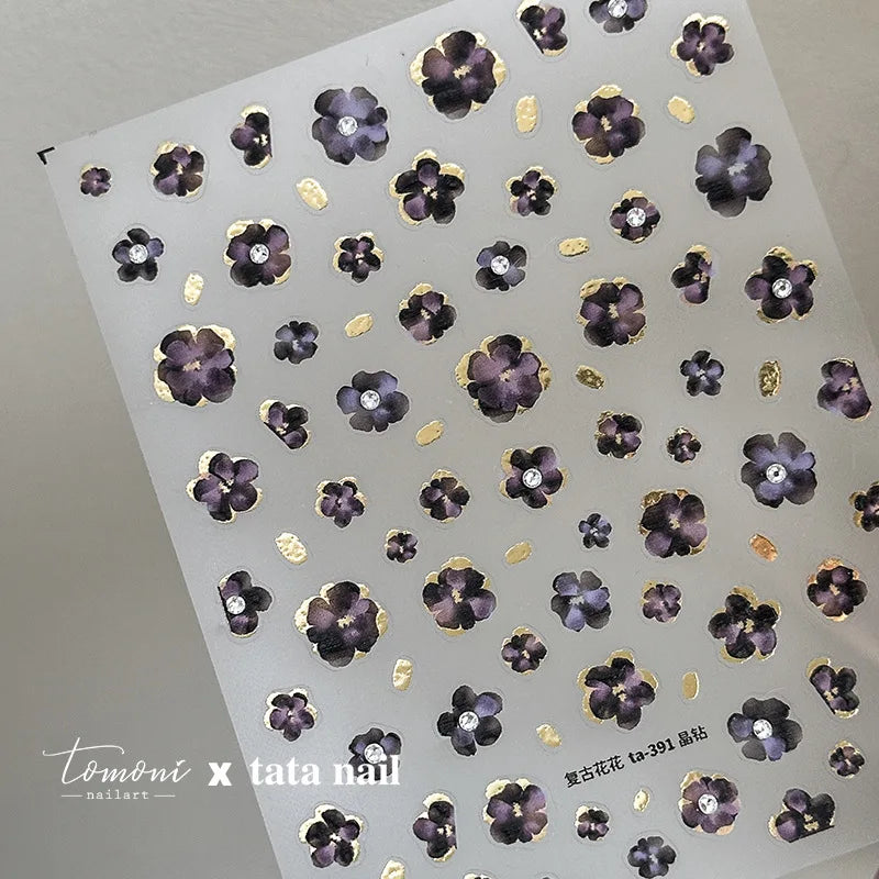 Retro Flowers Petal Pearl Rhinestones Halo Dyeing Chic Daisy Vintage Gold Foil  Floral Designs Nail Art Stickers Manicure Decals (ONLINE ORDER ONLY)