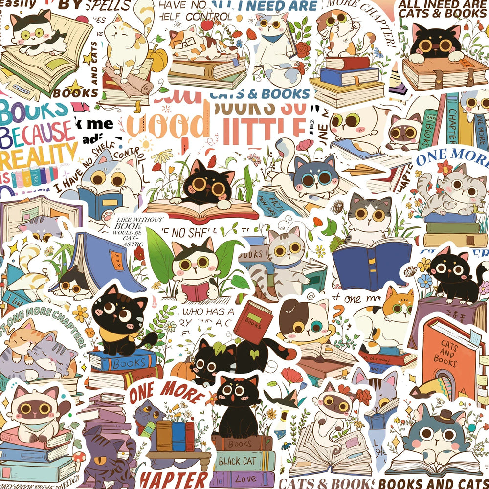 60Pcs Cat and Book with Motivational Phrase Sticker Pack DIY Scrapbook Decorative Stickers For Water Bottle Car Cup Computer (Online Order Only)