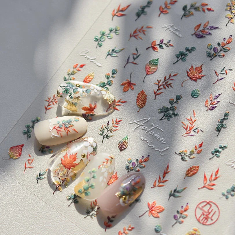 Autumn Fall Maple Leaves Ginkgo Leaf Osmanthus Chrysanthemums Rabbit Bunny Plant Flower Relief Nail Art Sticker Decoration Decal (ONLINE ORDER ONLY)