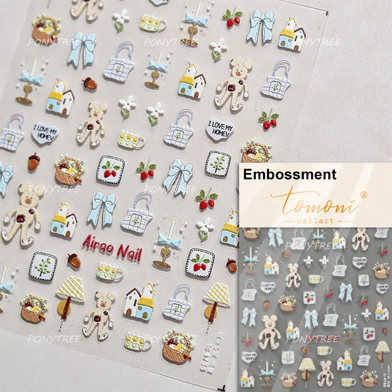 Charm Retro Bear Candy Cake Bowknot Rabbit Bunny Strawberry Footprint Muffin 3D Adhesive Nail Art Stickers Chic Manicure Decals (ONLINE ORDER ONLY)