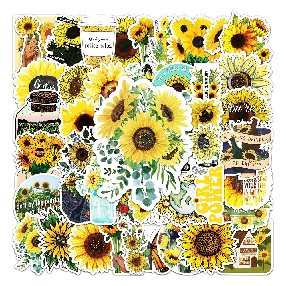 50Pcs Sunflower Cartoon Waterproof Vinyl Stickers for Skateboard Snowboard Decals (Online Order Only)