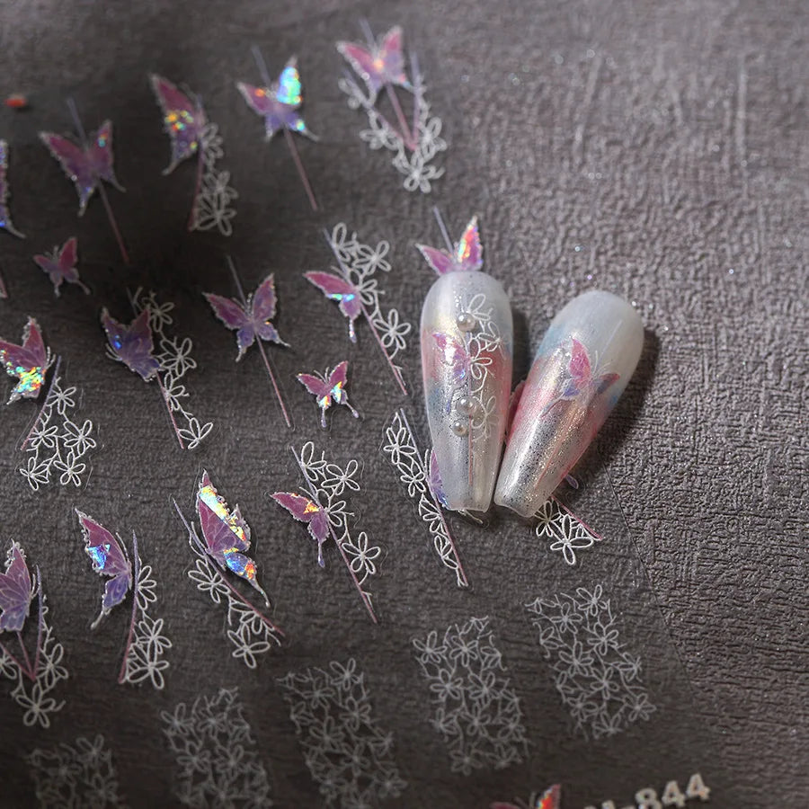 Butterfly Flower Hollow Out Lace Delicate Floral Print Shiny Cloth Block Insect Self Adhesive Nail Art Stickers Manicure Decals (Online Order Only)