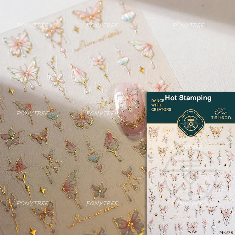Butterfly Peach Blossom Flowers Lantern Star Tassel Pendant Gold Hot Stamping Self Adhesive Nail Art Stickers Manicure Decals (ONLINE ORDER ONLY)