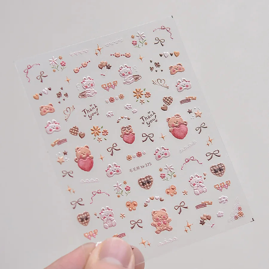Charming Cherry's Cake Cute Bowknot Pink Blue Bear Flower Bouquet Strawberry Adhesive Nail Art Sticker Rhinestone Manicure Decal (Online Order Only)