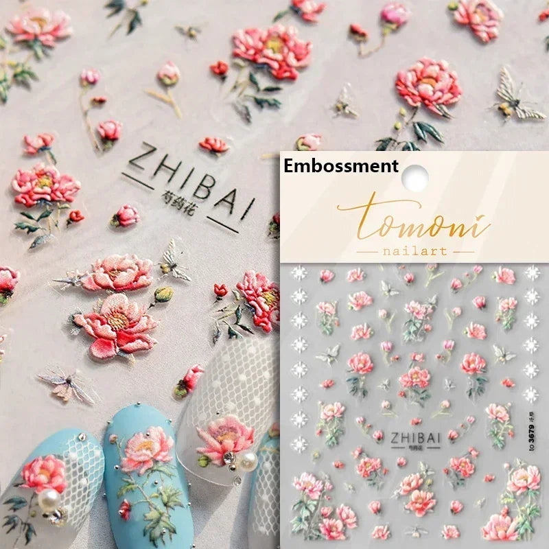 Chic Retro Rose Photo Frame Dried Flower Petal Self Adhesive Nail Art Stickers 5D Hot Stamping Relief Rhinestone Manicure Decals (Online Order Only)