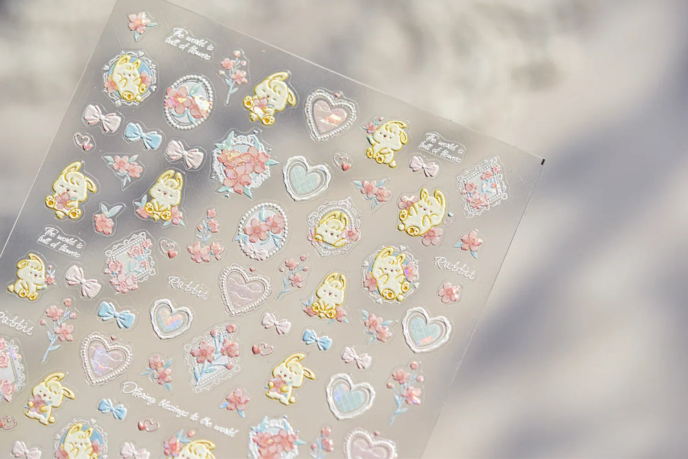 Peach Blossom Flower Yellow Rabbit Bunny Love Heart Delicate Totem 5D Self Adhesive Nail Art Stickers Rhinestone Manicure Decals (ONLINE ORDER ONLY)