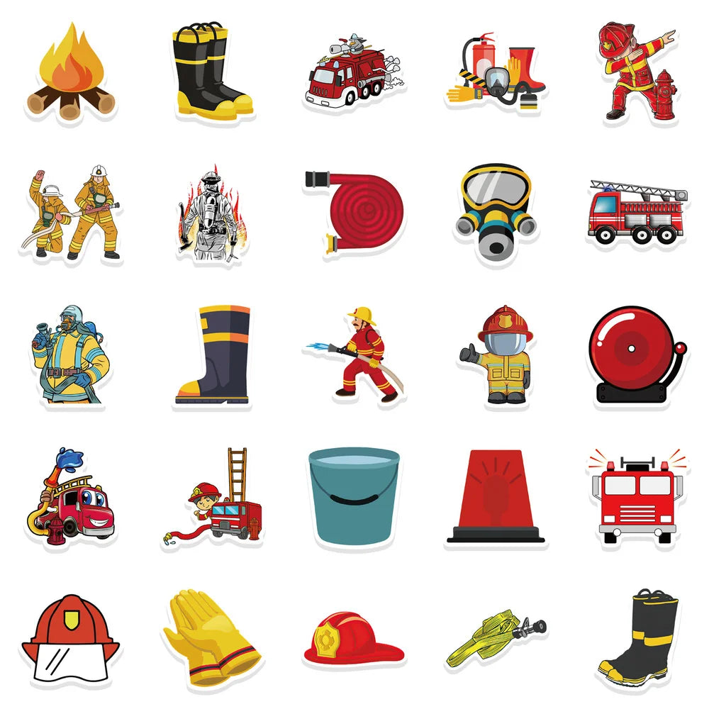 10/52Pcs Cartoon Red Firefighter Waterproof Cool Stickers for Scrapbook Skateboard Snowboard Laptop Luggage Bicycle Kids Toys (ONLINE ORDER ONLY)