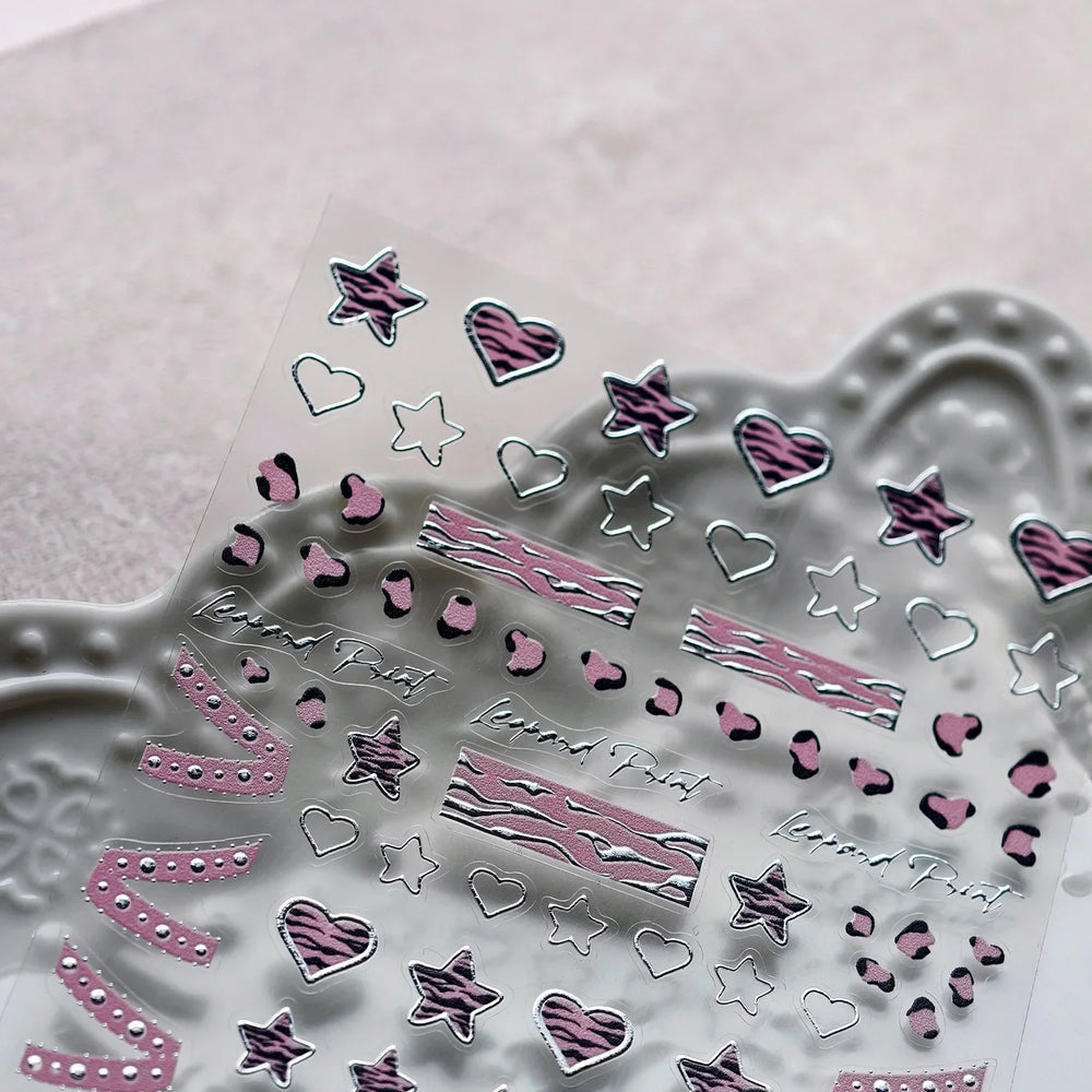 Punk Pink Leopard Print Love Heart Stars Bowknot Cool Girl 5D Self Adhesive Nail Art Stickers Ribbon Manicure Decals Wholesale (ONLINE ORDER ONLY)