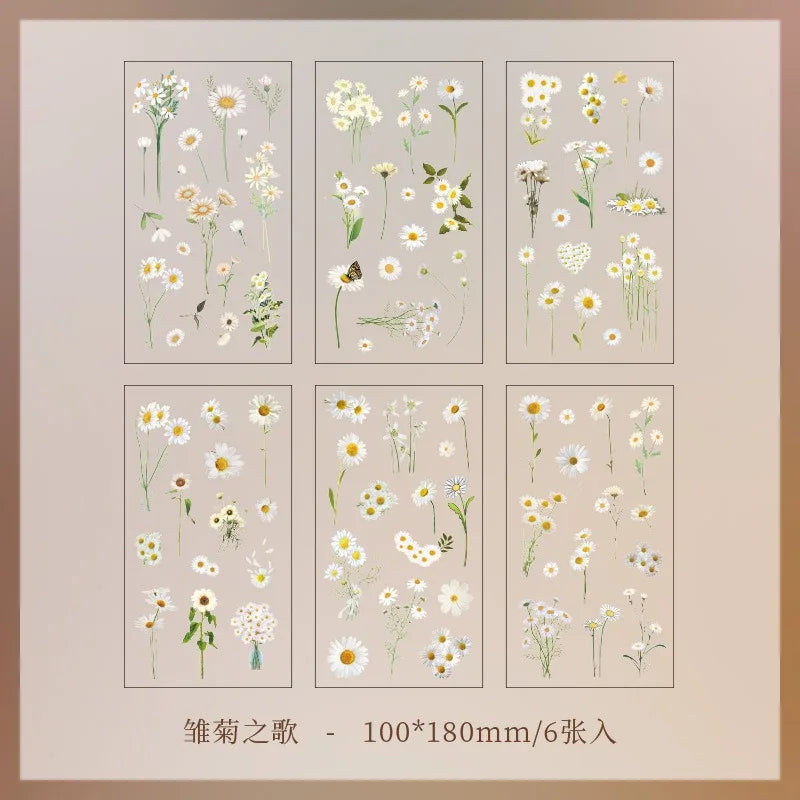 JIANQI 6pcs Transparent PET Floral Stickers Scrapbooking DIY Journal Decor (Online Order Only)