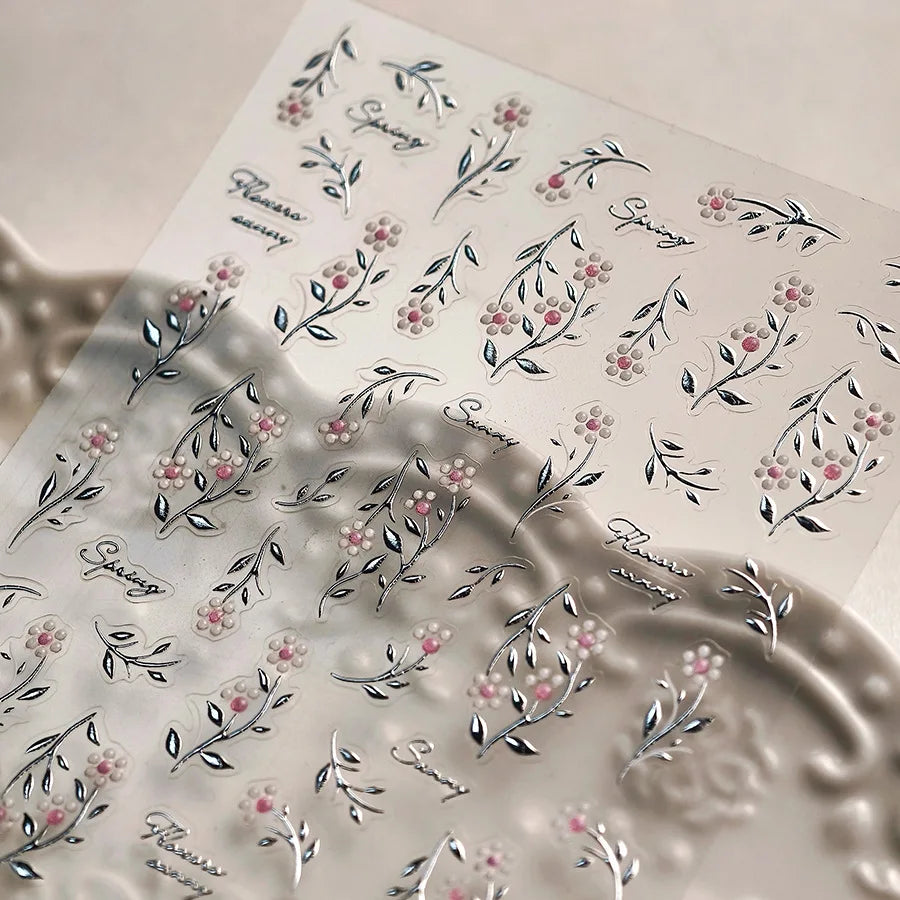 Pink Flower Hot Stamping Silver Leaves Branch Wicker Willow Plant Chic Adhesive Nail Art Decorations Stickers Manicure Decals (Online Order Only)