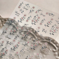 Pink Flower Hot Stamping Silver Leaves Branch Wicker Willow Plant Chic Adhesive Nail Art Decorations Stickers Manicure Decals (Online Order Only)