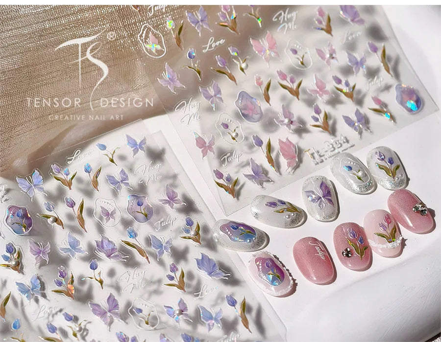 Tulips Flower Letter Bowknot Butterfly Irregular Lines Pearl Tender 5D Adhesive Nail Art Stickers Manicure Decals Stick on Nail (ONLINE ORDER ONLY)