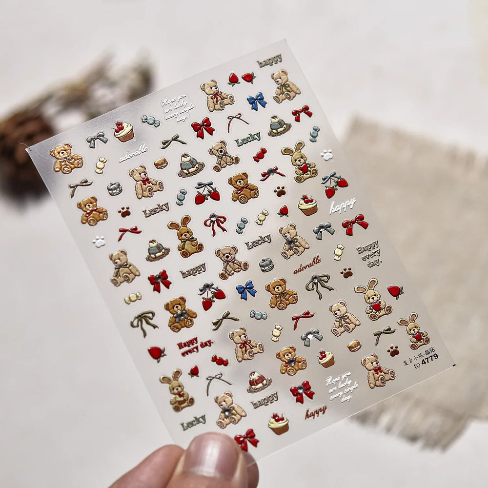 Charm Retro Bear Candy Cake Bowknot Rabbit Bunny Strawberry Footprint Muffin 3D Adhesive Nail Art Stickers Chic Manicure Decals (ONLINE ORDER ONLY)