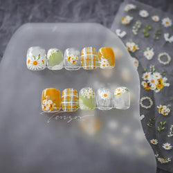 White Daisy Sunflower Green Leaves Wreath Garland Flower Cluster Bouquet Flat Adhesive Nail Art Sticker Manicure Decals Supplies (Online Order Only)