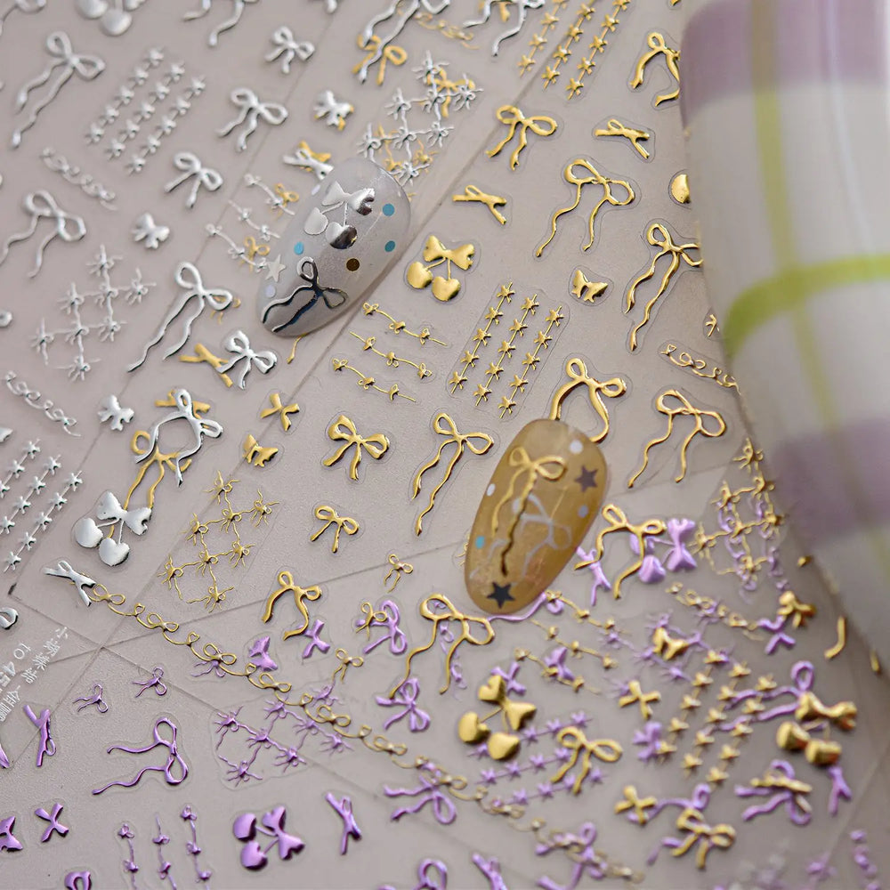 Purple Gold Silver Bowknot Cherry Fruit Cute Ribbon Tie Line Delicate 3D Adhesive Nail Art Stickers Manicure Decals Wholesale (Online Order Only)