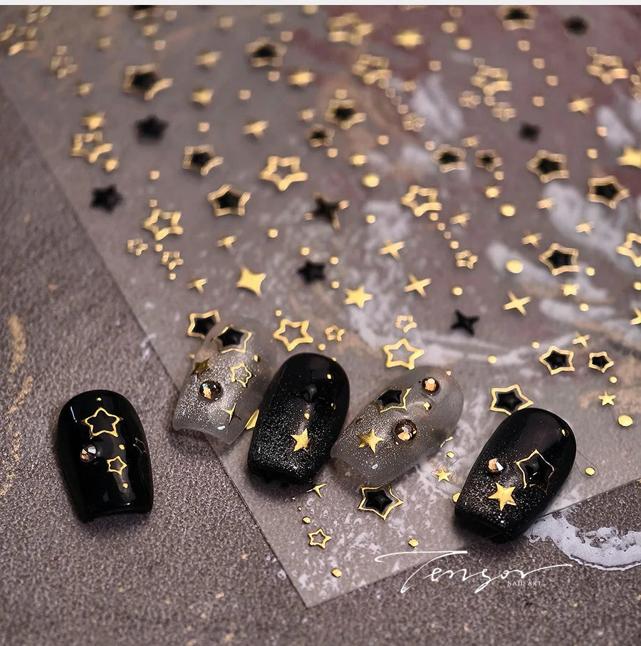 Hollow Out Black Gold Star Starburst Round Dot Night-time Tiny Spot Self Adhesive Nail Art Stickers Manicure Decals Wholesale (ONLINE ORDER ONLY)