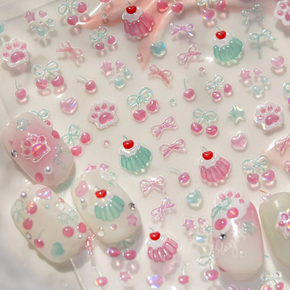 Lovely Green Pink Cherry Pudding Claw Paw Love Heart Bowknot Soft Embossed Reliefs Adhesive Nail Art Stickers Manicure Decals (ONLINE ORDER ONLY)