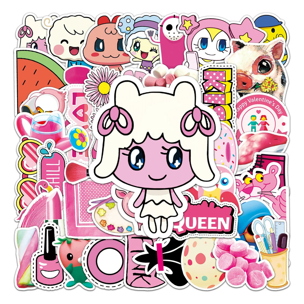 50Pcs Pink Cartoon Waterproof Vinyl Stickers for Skateboard Snowboard Decals (Online Order Only)
