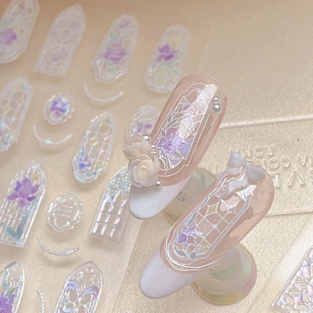 Retro Shiny Glazed Rococo Flower Window Dreamy Butterfly Geometric Frame Stamp Embossed Reliefs Nail Art Stickers Manicure Decal (Online Order Only)
