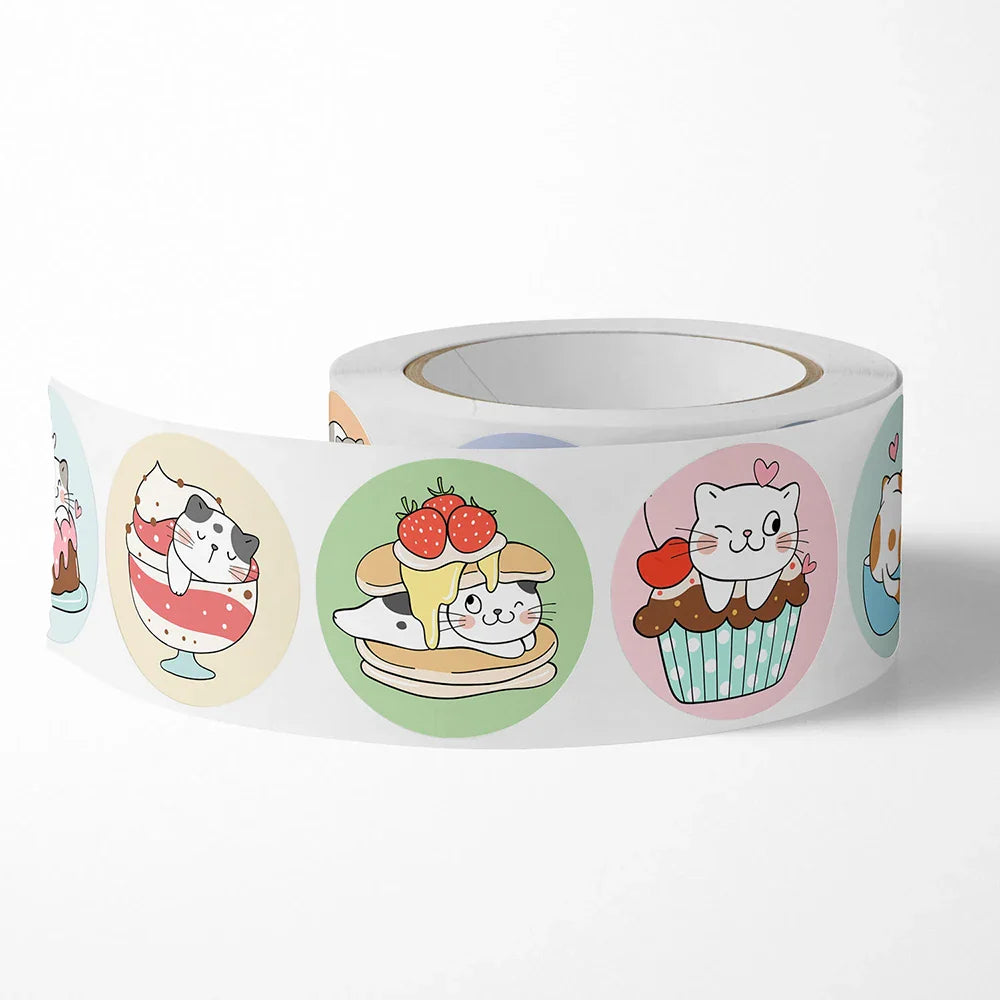 100-500pcs Cartoon Cat Stickers Round Adhesive Labels For Kids Children Teacher Prize Business Gift Wraps Decorative Stickers (ONLINE ORDER ONLY)