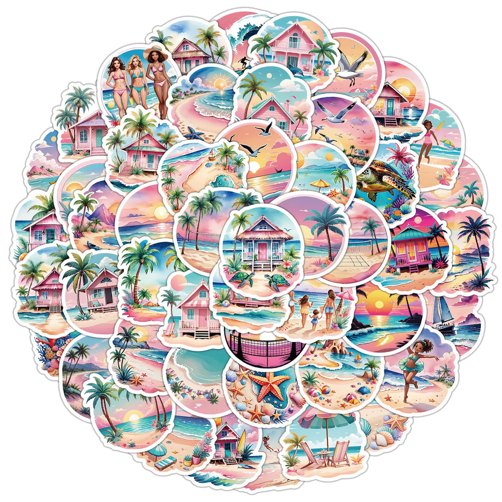 50Pcs Beach Cartoon Graffiti Stickers for Helmet, Wall, DIY Decoration (ONLINE ORDER ONLY)