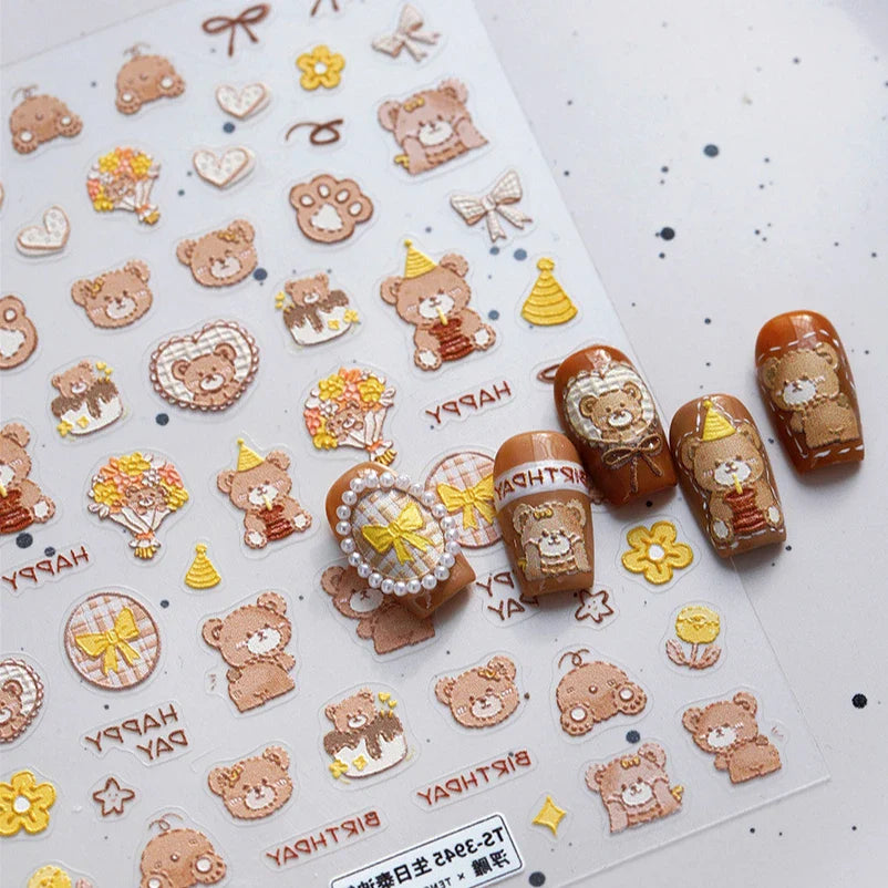 Cute Bear Teddy Birthday Party Maillard Bear Cake Flower Bouquet Lucky Love Heart 5D Adhesive Nail Art Sticker Manicure Decals (Online Order Only)