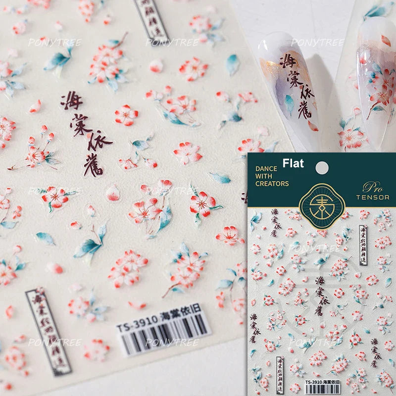 Mountain Flower Peach Blossom Vibrant Flowers Green Leaves Antique Chic Self Adhesive Nail Art Stickers Spring 3D Manicure Decal (ONLINE ORDER ONLY)
