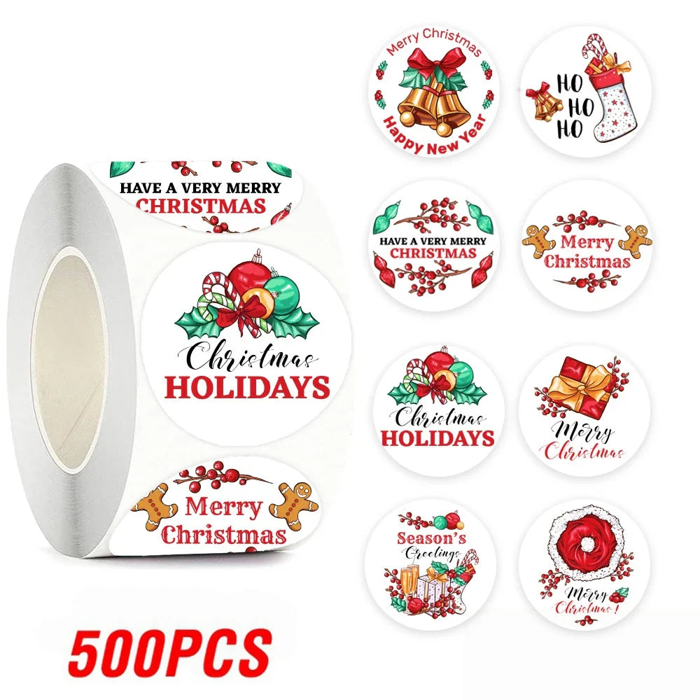 100-500pcs Merry Christmas Sticker , Round Adhesive Decoration Sticker for Cards Envelope Seal Xmas Gift Wraps Box Bags (ONLINE ORDER ONLY)