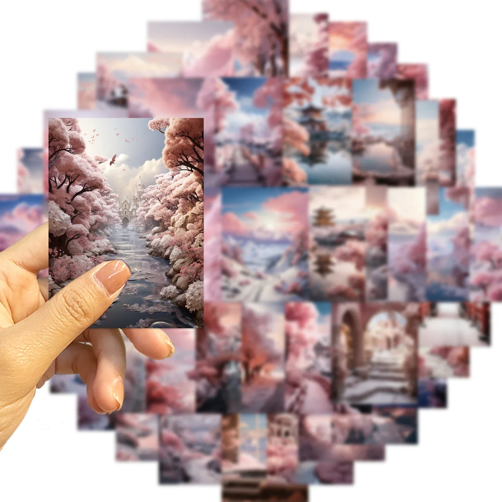 50PCS INS Landscape Pink Painting Stickers Vsco Vinyl Aesthetic Stickers for Water Bottles Waterproof Sticker for Kids Girl (Online Order Only)