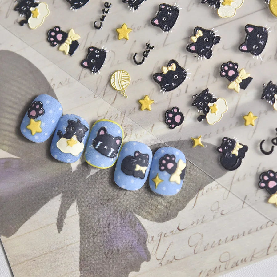 Cartoon Black Kitten Cute Cat Star Moon Bowknot Cat's Paw Flaky Cloud Self Adhesive Nail Art Decoration Stickers Manicure Decals (ONLINE ORDER ONLY)